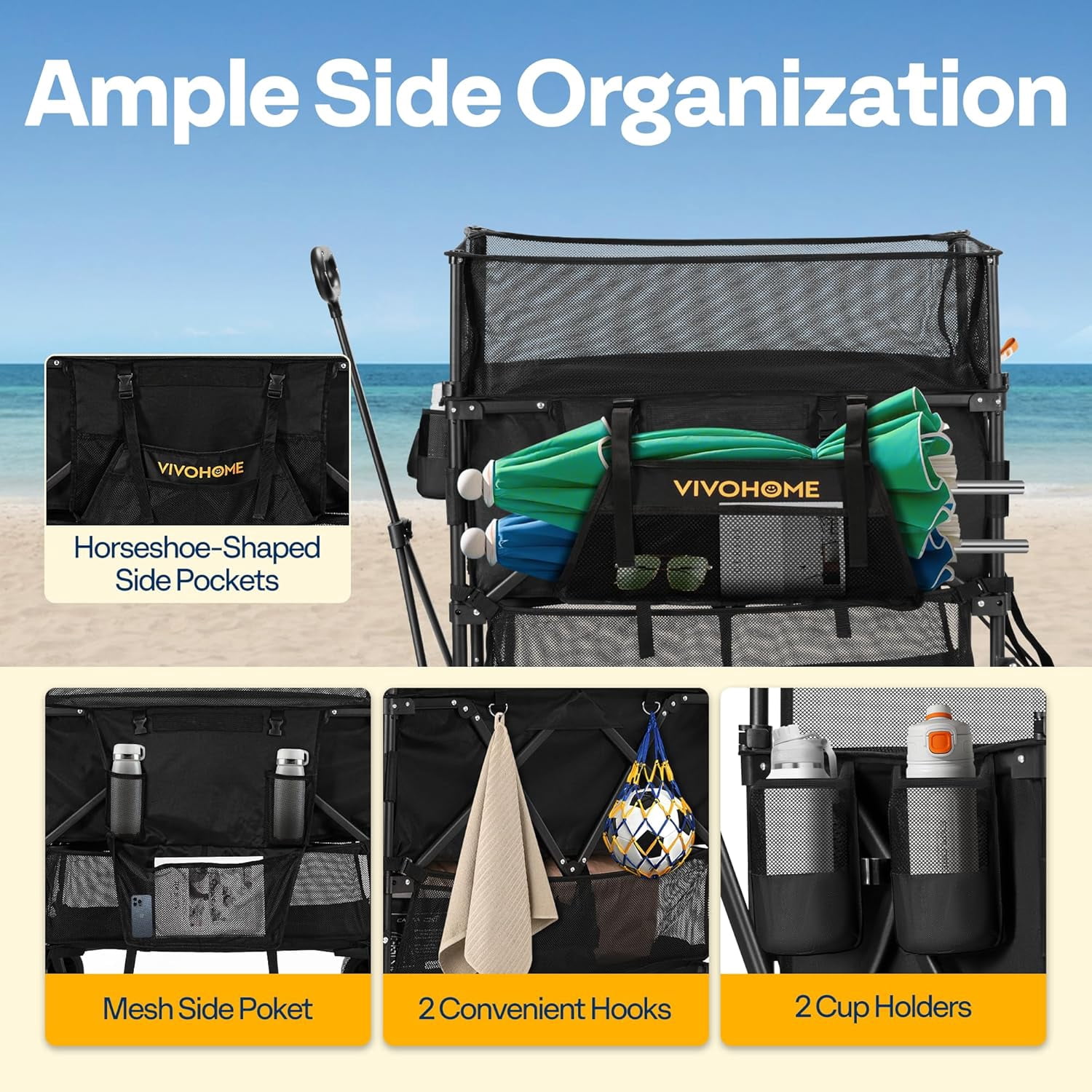 SPECSTAR 500L Large Capacity Double Decker Collapsible Wagon 500lbs Heavy Duty Utility Folding Cart with Big Wheels 53" Extended for Camping, Sports