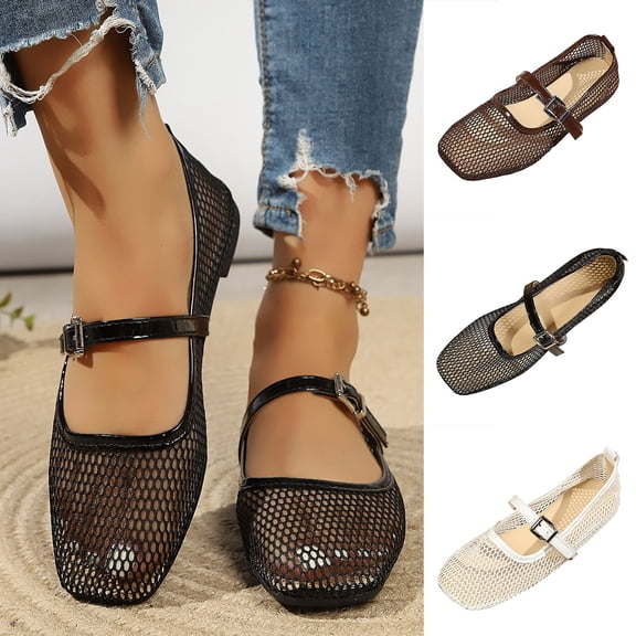 Miluxas Women's Mesh Ballet Flats Comfortable Dressy Trendy Square Closed Toe Mary Jane Flat Shoes Brown 9.5(43)