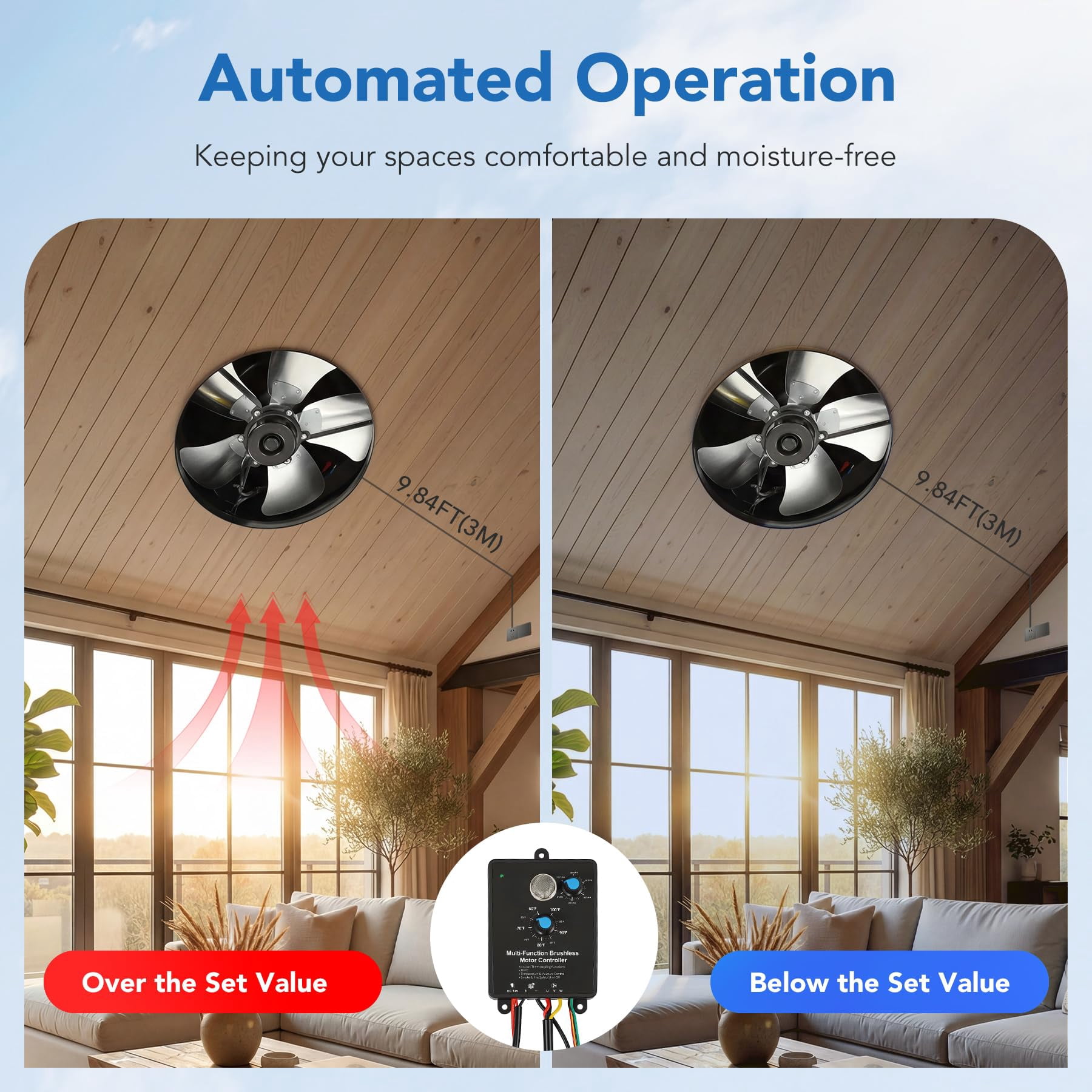 Fnova 50W Solar Attic Fan, 2500 CFM, Smart Thermostat/Humidity Sensor, Remote Control, Roof Vent for Garage Warehouse