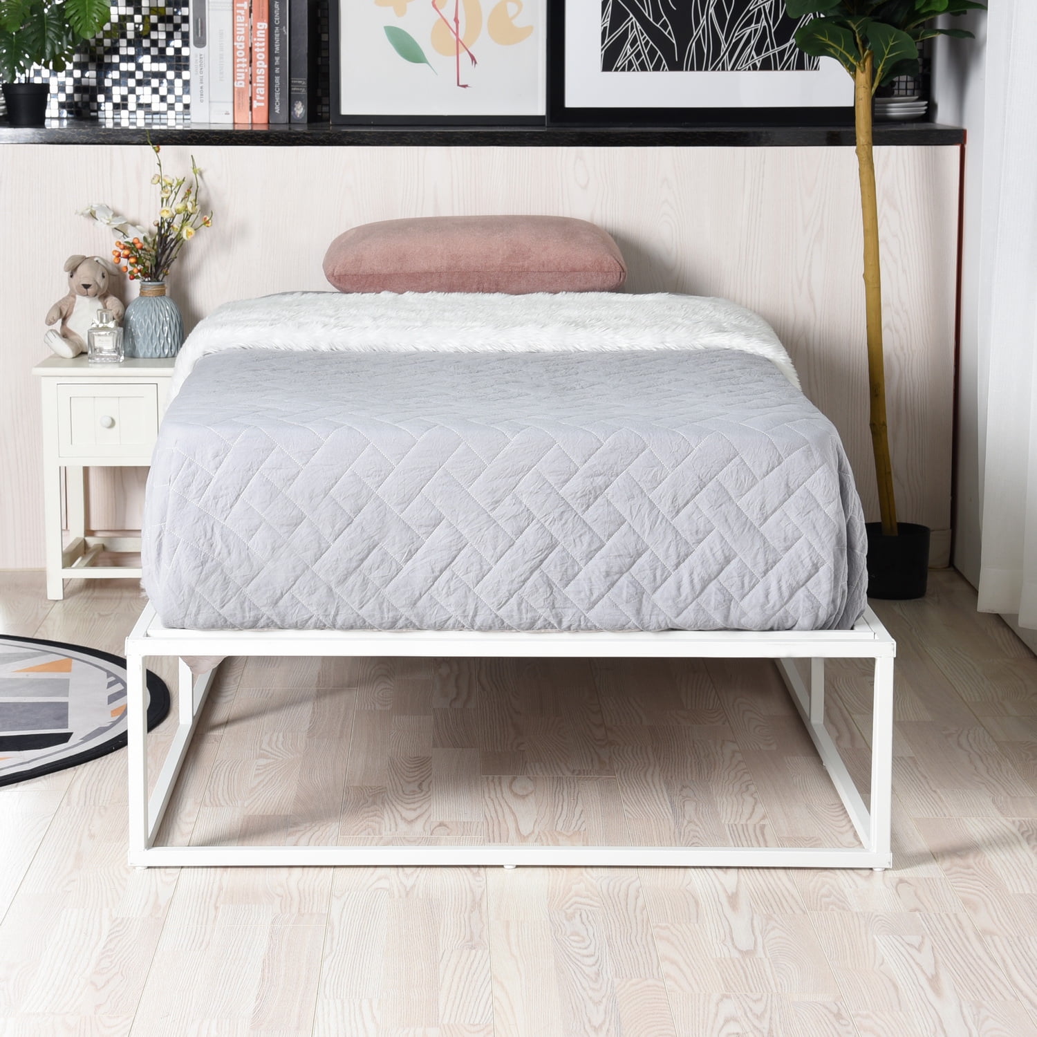 Private Jungle Twin Bed Frame White 12"H Steel Platform Metal Bed Frame with Storage,Heavy Duty Steel Slat and Anti-Slip Support(No Box Spring Needed),White