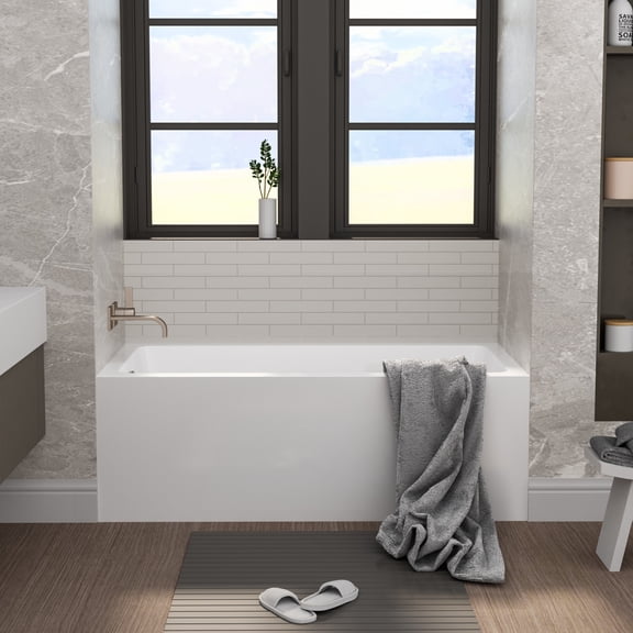 60" Acrylic Alcove Soaking Bathtub with Skirt - Glossy White, Back-to-Wall Design, Chrome Hand-Twist Drain