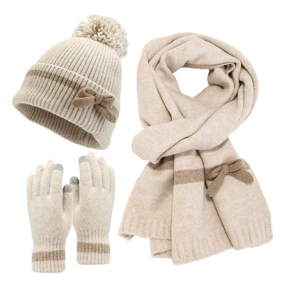 SUSUSU Women's Bow Winter Set, Decorated Hat Scarf Gloves, Three-Piece Cold Weather Wear