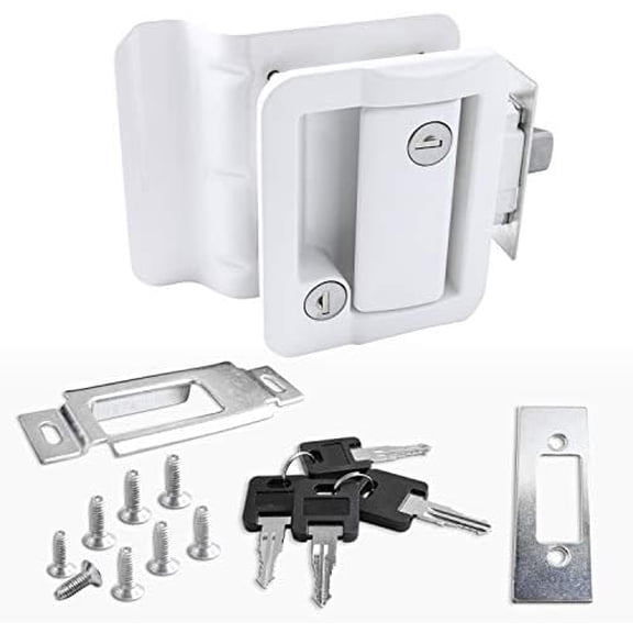 RV Door Lock Replacement with Paddle Deadbolt, Camper Door Handle Latch, 100% Metal RV Enclosed Travel Trailer Entry Door Lock with Keys for Camper Horse Trailer Hauler White