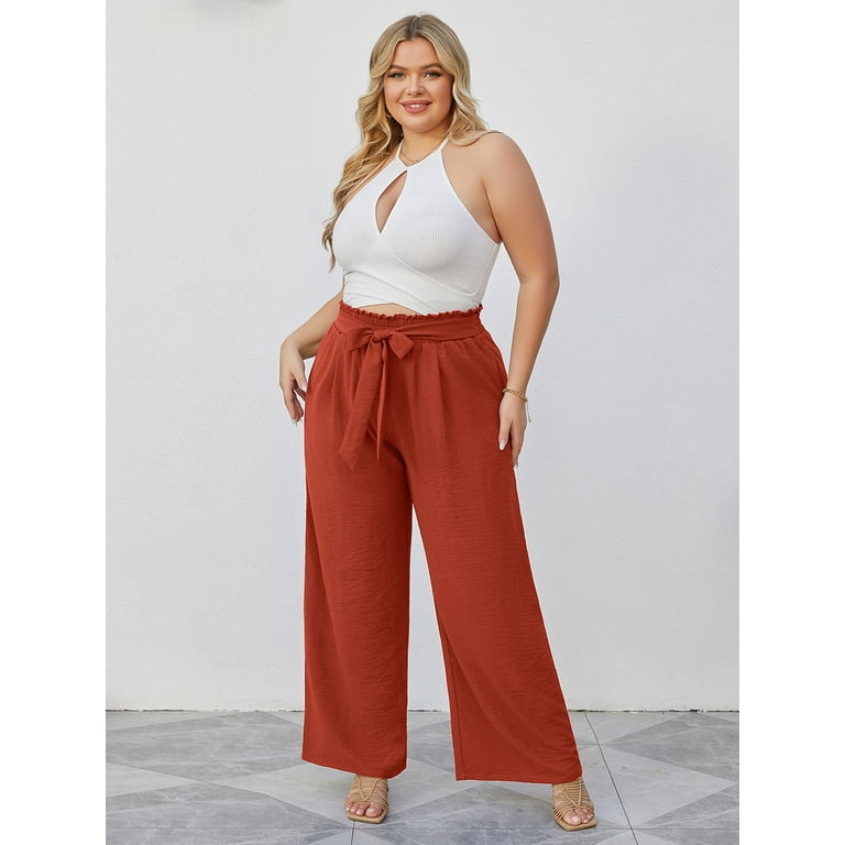 Chiclily Belted Wide Leg Pants for Women High Waisted Business Casual  Palazzo Pants Work Trousers Loose Flowy Summer Beach Lounge Pants with  Pockets, US Size Small in Burnt Orange 