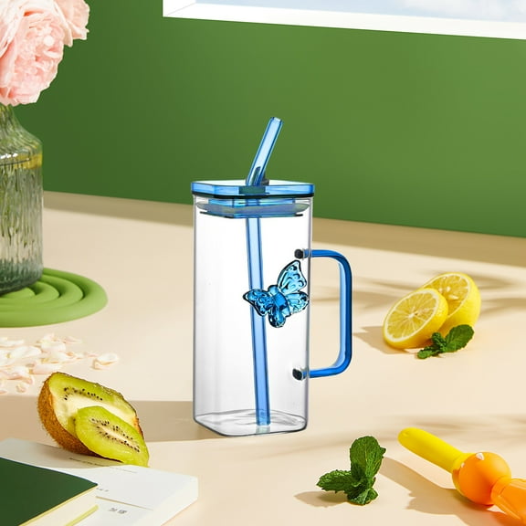 YOFOKO Square Glass Tumbler with Handle - Double-Wall Insulated Design, Two-Way Straw, Modern Aesthetic for Home, Office, or Outdoor Use, 350ml Capacity