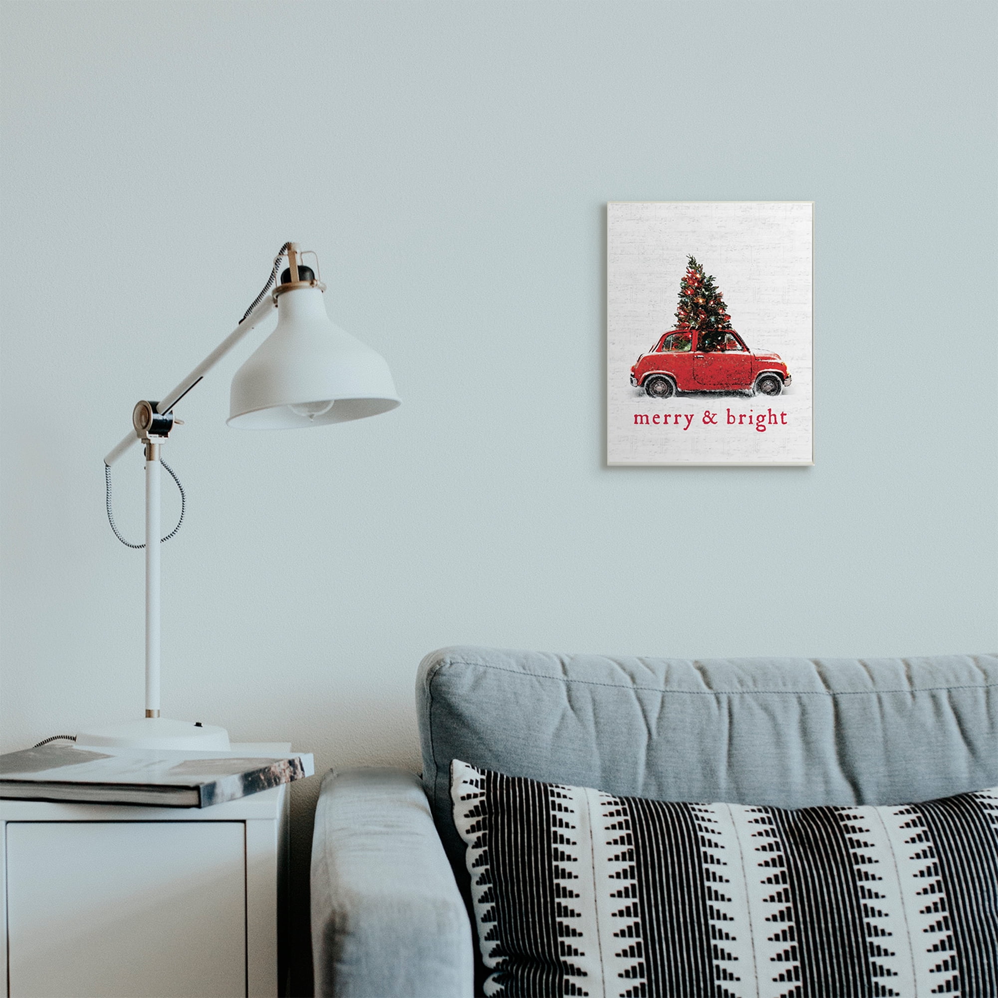 Stupell Industries Merry and Bright Quote Vintage Red Christmas Car Holiday Painting Wall Plaque Art Print Wall Art, 10 x 15