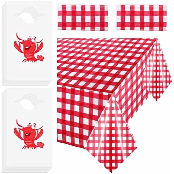 30 Pcs Disposable Bibs and 2 Pcs 54 x 108 Inch Plastic Red Gingham Checkered Tablecloths Crawfish Boil Accessories Set for Seafood Party Supplies