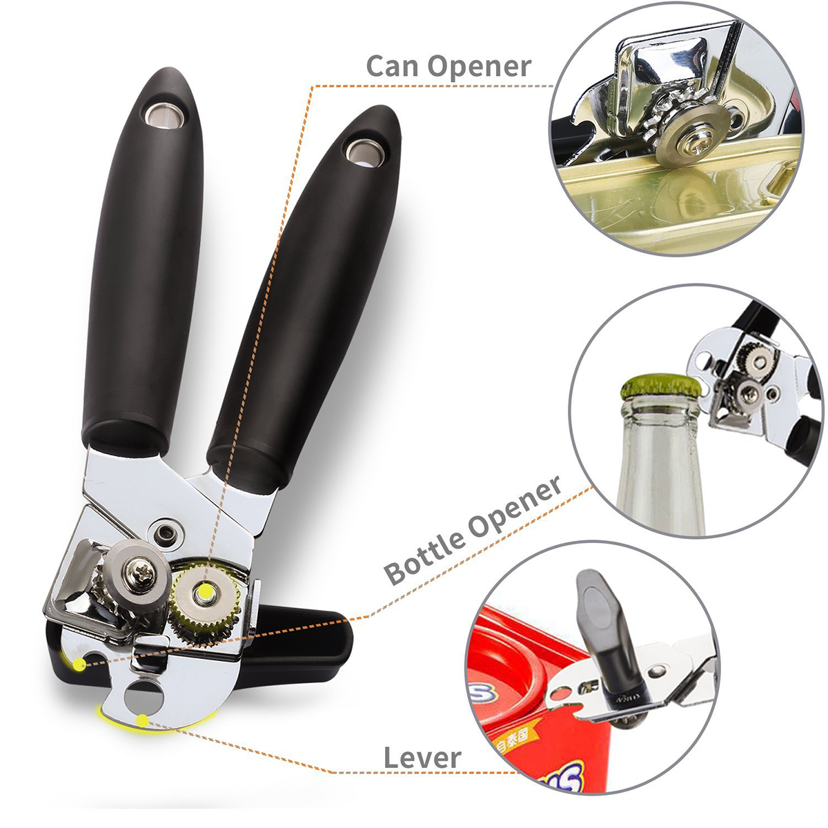 3-IN-1 Manual Can Opener Can Opener Stainless Steel Kitchen Bottle Opener with Smooth Edge Large Turn Knob Sharp Blades Ergonomic Anti Slip Grip Handle