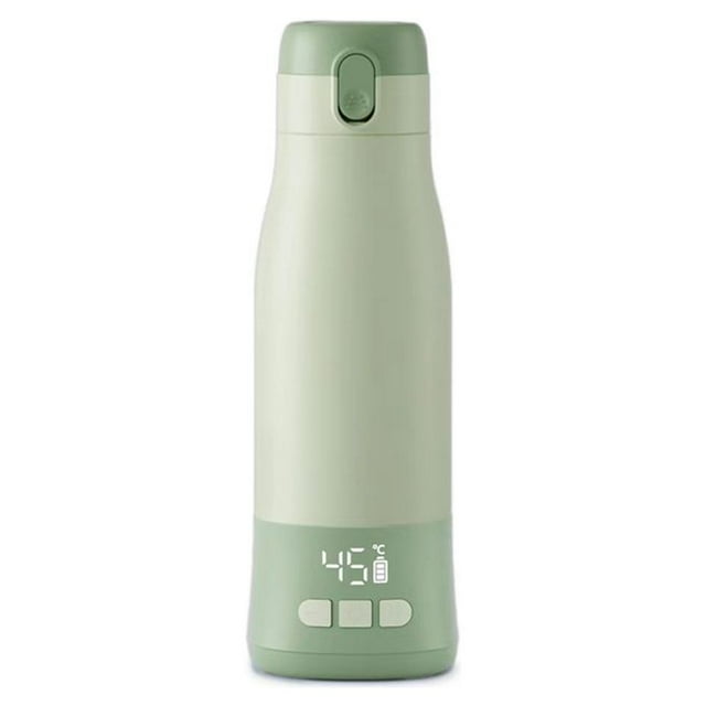 calentador de leche portátil inalámbrico, leche materna instantánea, fórmula o calentador de agua con gran capacidad, petaca para bebé para vehículo, automóvil, viaje en avión verde menta; vista frontal centrada de termo eléctrico cilíndrico con tapa de cierre a presión, cuerpo liso, base con pantalla LED que muestra 45°C y tres botones de control; a menudo usado para mantener agua caliente en viajes cortos.