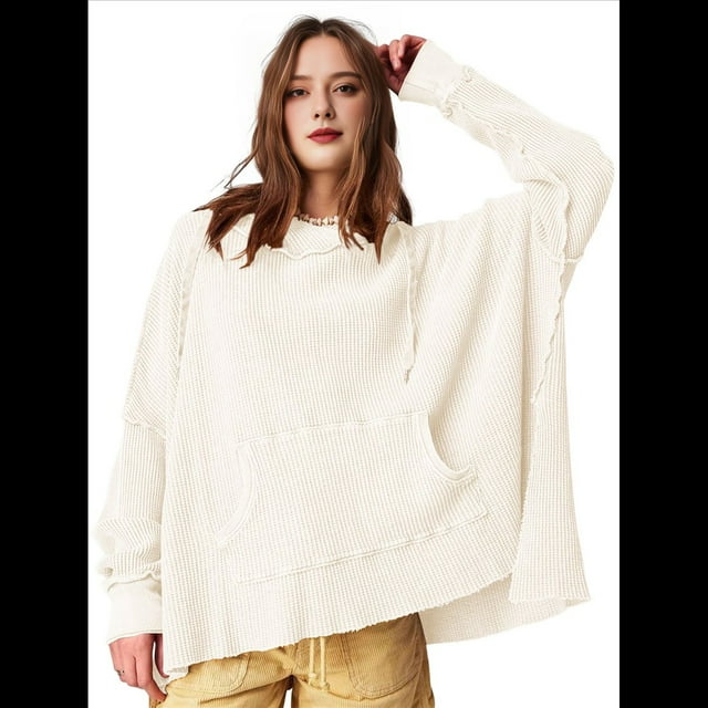 Sudadera con Capucha Extragrande para Mujer, Jersey con Mangas Murciélago y Cuello Redondo, Jersey con Diseño de Gofre Crema M