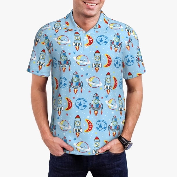 Fotbe Cartoon Rocket With Space Camiseta Polo de Golf para Hombre con Estampado – Camisa Deportiva Transpirable con Cuello Abotonado-Small