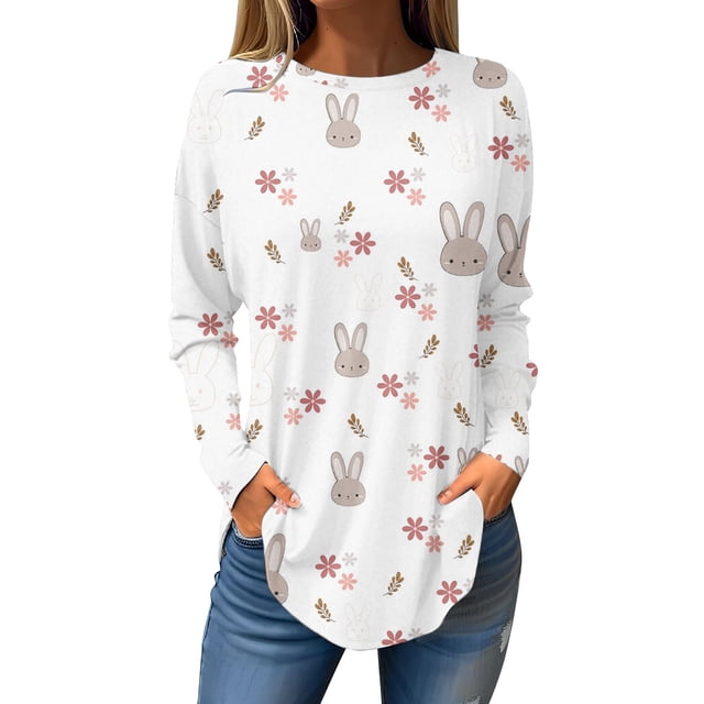 Pxiakgy Hauts de Pâques pour Femmes en Solde, Chemise à Manches Longues Imprimée Œuf de Pâques et Lapin Col Rond Décontracté Chandail en Molleton Printemps Pâques Lapin Œuf de Pâques Col Rond Ample Décontracté