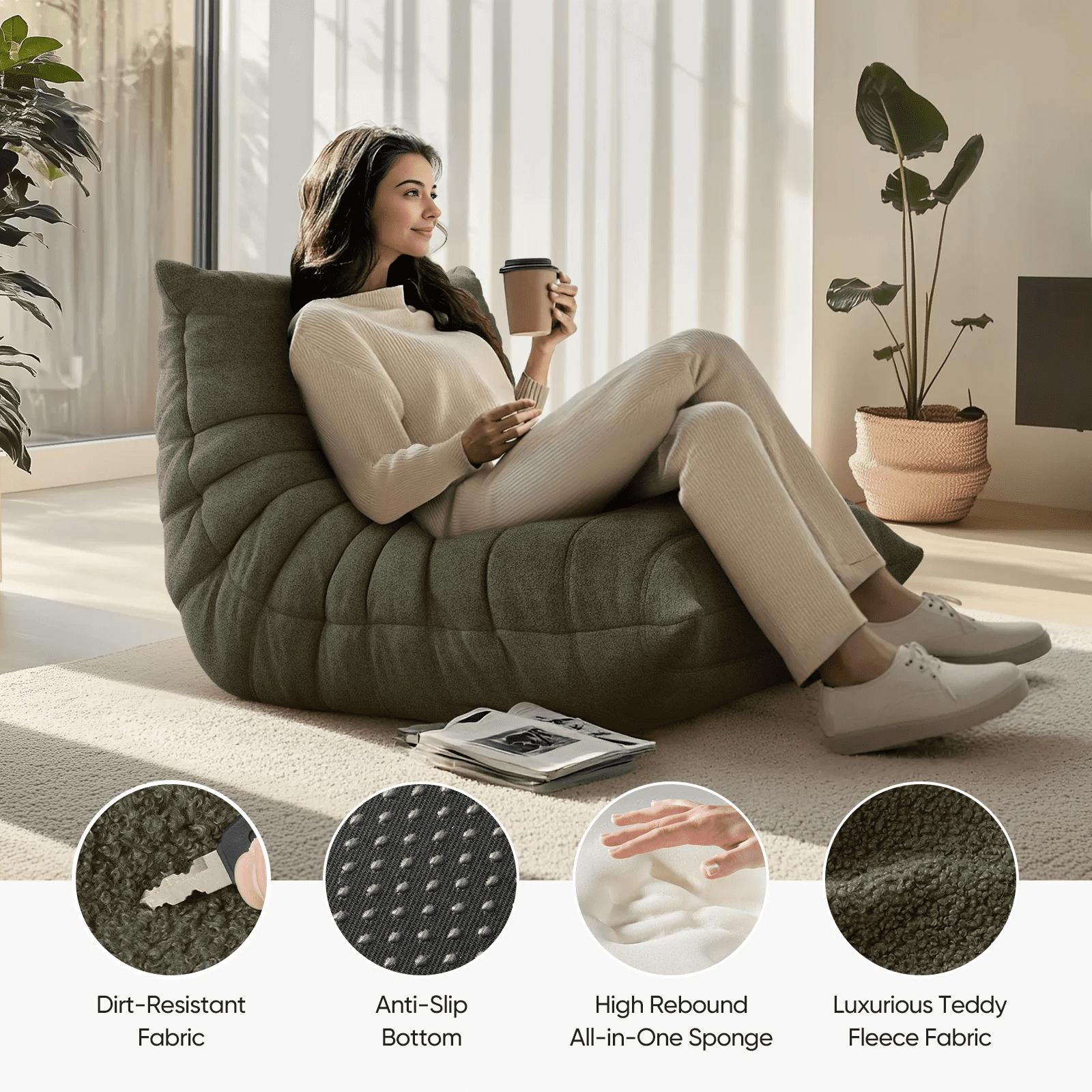 Raffle Pinker Bean Bag Chair for Adults, Comfy Fireside Chair Bean Bag Sofa with Memory Foam, Large Lazy Sofa for Living Room Bedroom Office, Green