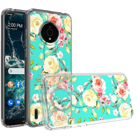 Bemz Slim Series TPU Protector Case for Nokia C200 - White Pink Flowers on Teal