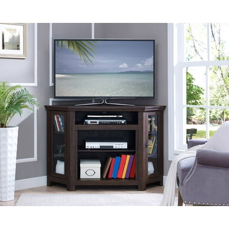 - Home Source Bay Corner Plasma TV Stand with 2 Glass Doors and 3 Center Shelves, Espresso Finish
