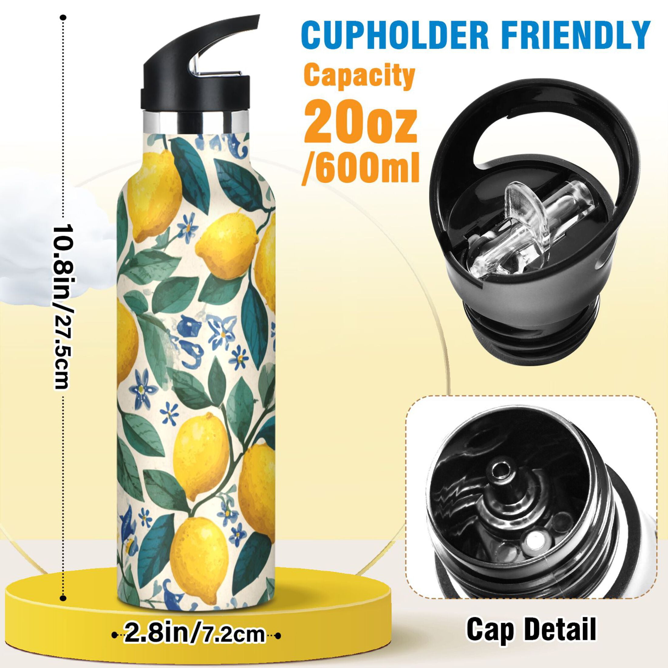 600ML Stainless Steel Insulated Cup Sports Water Bottle Portable Thermos Cup Water Glasses Insulated Tumblers Convenient and Durable Yellow Lemon Seamless