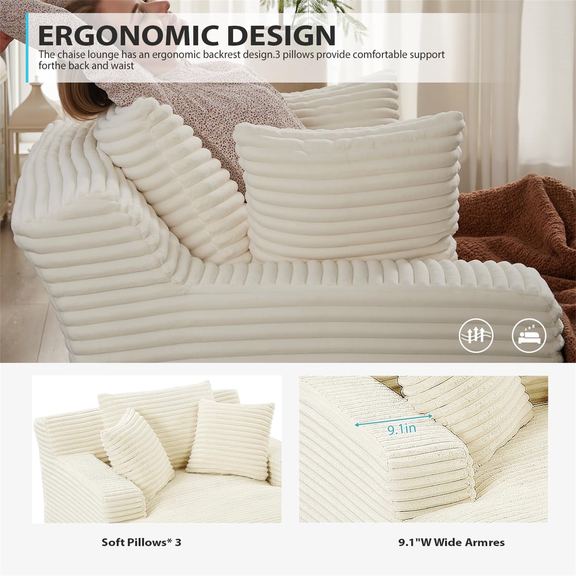 Aukfa 66" Oversized Chaise Lounge Indoor Chair Boneless Couch for Living Room Bedroom, 3Pillows, White
