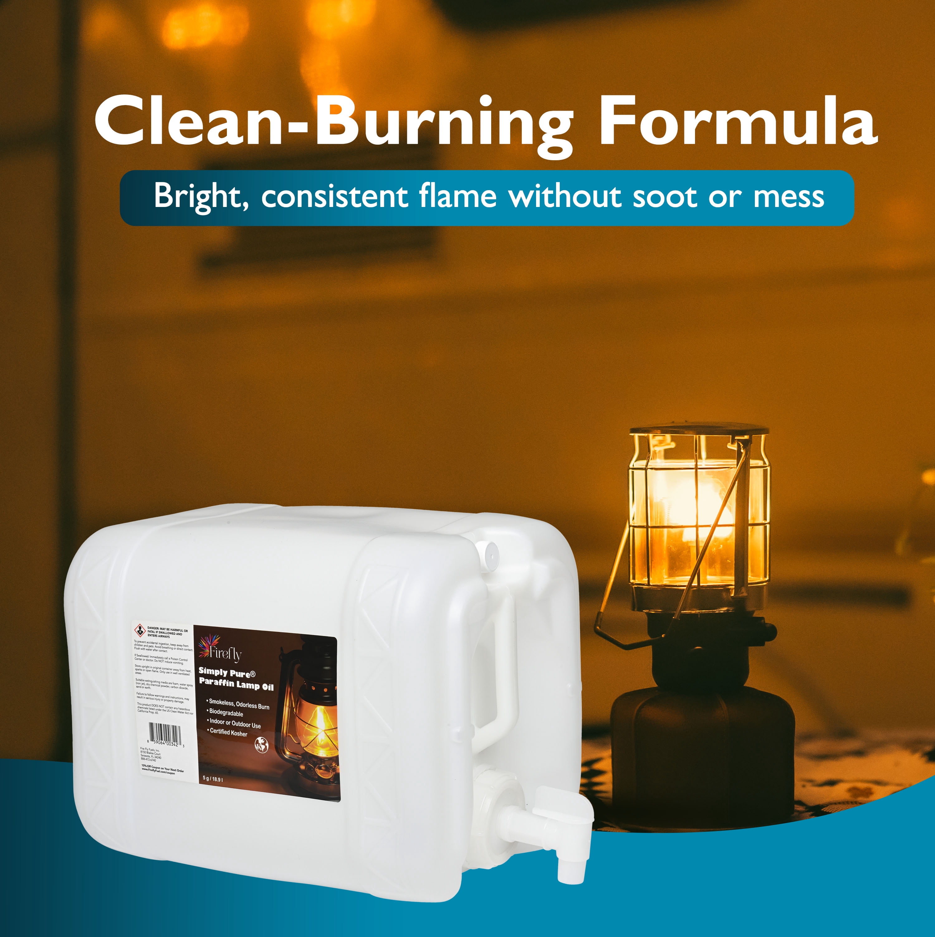 Firefly Bulk Kosher Lamp Oil, Virtually Odorless & Smokeless, Ultra Clean Burning Liquid Paraffin Fuel, 5 Gallons