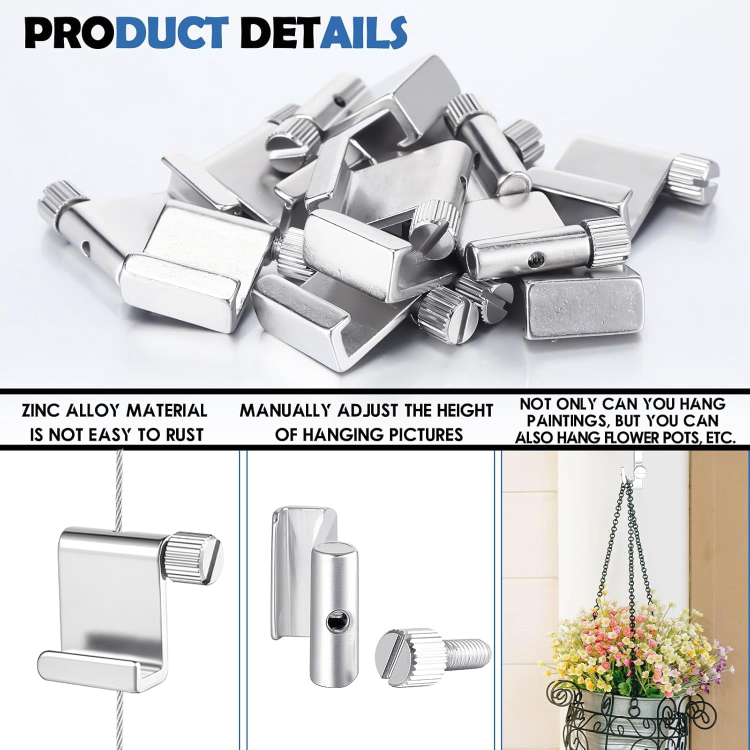 JJEAN-12 Pcs Adjustable Hooks for Gallery Picture Hanging System Picture Rail Hooks Hangers for Exhibition Art Gallery Supplies (Press-Adjustable)