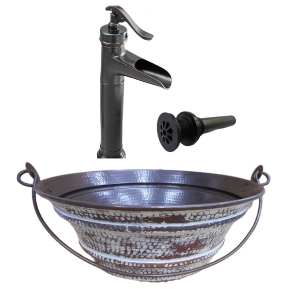 15" Round Copper Vessel Bath Sink BUCKET Style Distressed White Exterior with Faucet Kit