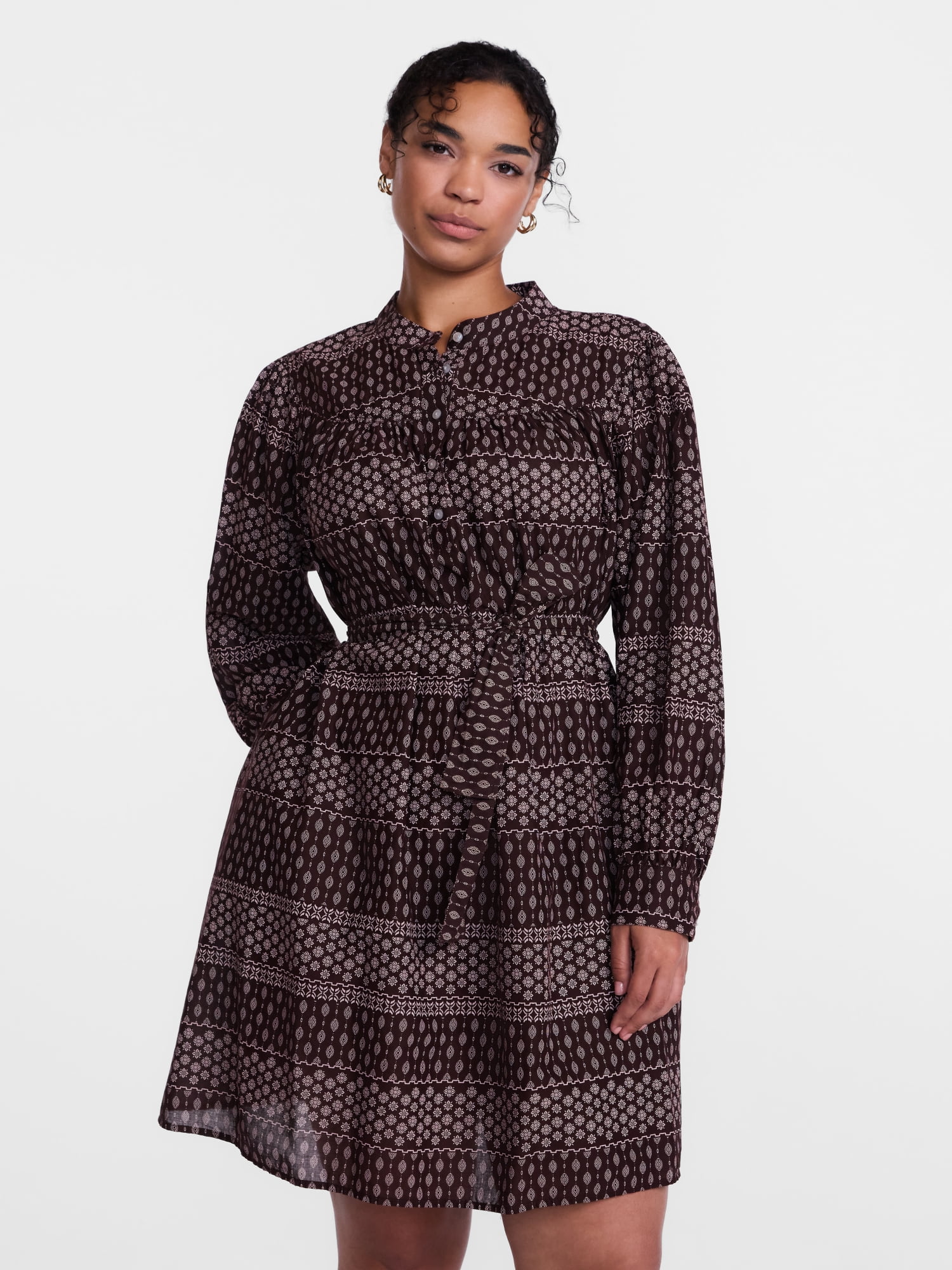 Scenario Women's Band Collar Shirtdress with Long Sleeves, Sizes XS-XXXL