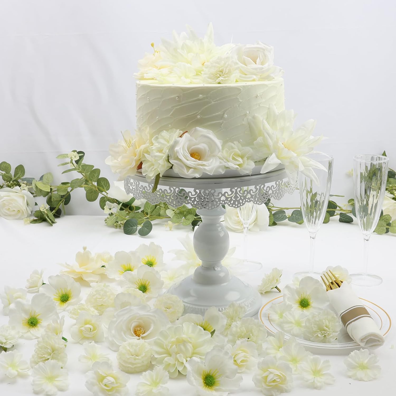 56 PCS Artificial Flower Heads White Bulk Fake Rose Peony Hydrangea Faux Flowers Small for Crafts Wedding Hair Cap Dresses Cake Baby Shower Decorations