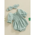thumbnail image 5 of Musuos Infant Baby Girl Summer Jumpsuit 0-18Months  Solid Color Short Sleeve Square Neck Shirred Romper with Bow Headband, 5 of 10