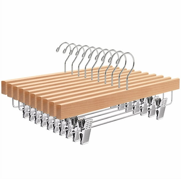 Amber Home Paquete de 10 perchas de madera natural para pantalones con clips, perchas para faldas de madera, perchas para pantalones vaqueros, pantalones cortos con 2 clips ajustables (paquete de 10 n