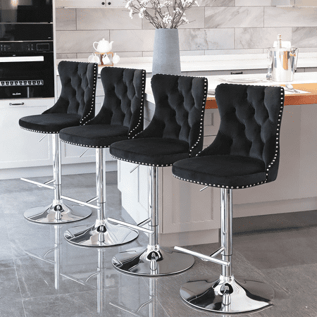 Velvet Swivel Bar Stools Set of 4, Adjustable Height 25-33 Inch, Tufted Chrome Base