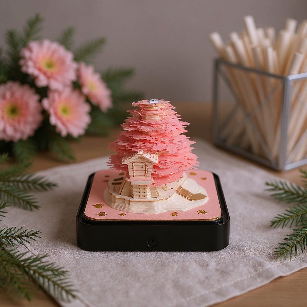 3D Desk Calendar 2026 with LED Lights, 3D Art Calendar Memo Pad 2026, Tear-Away 3D Paper Art Notepad, Romantic Tree House Desktop for Christmas New Year Gifts (Pink)