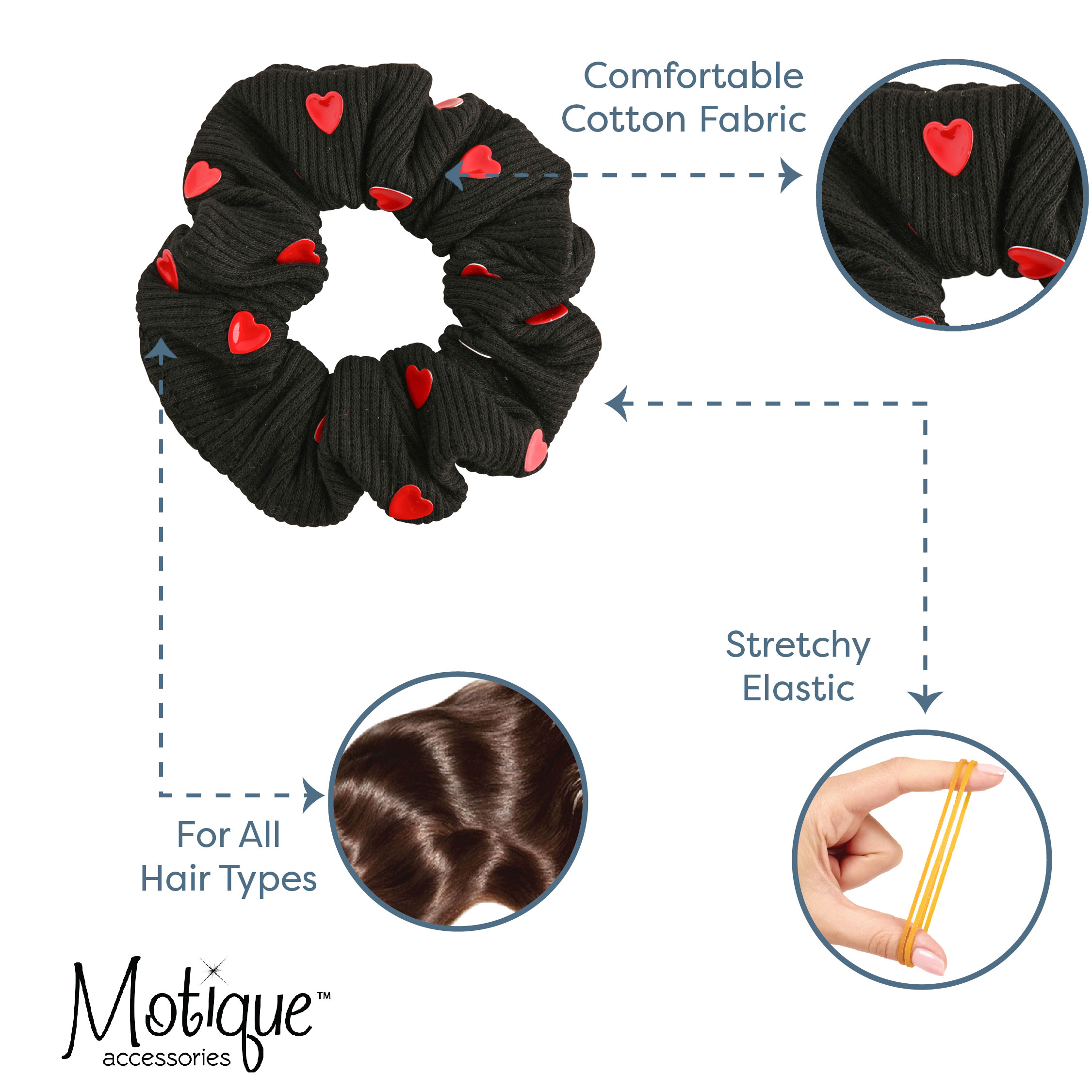 Cotton Hair Scrunchie with Hearts (Black Red Hearts)