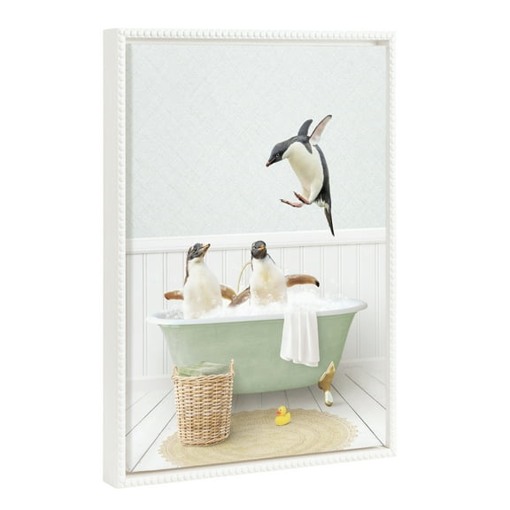 Kate and Laurel Sylvie Beaded Penguins in Cottage Bath Vintage Framed Canvas Wall Art by Amy Peterson, 18x24 White, Modern Cute Animal Bathtub Art for Wall