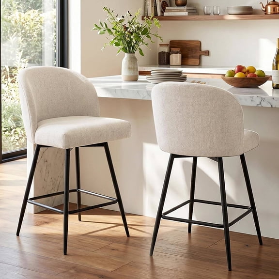 Counter Height Bar Stools Set of 2, 360° Swivel Upholstered Barstools with Backs, Metal Legs, 26" H Seat, Linen Fabric, Beige
