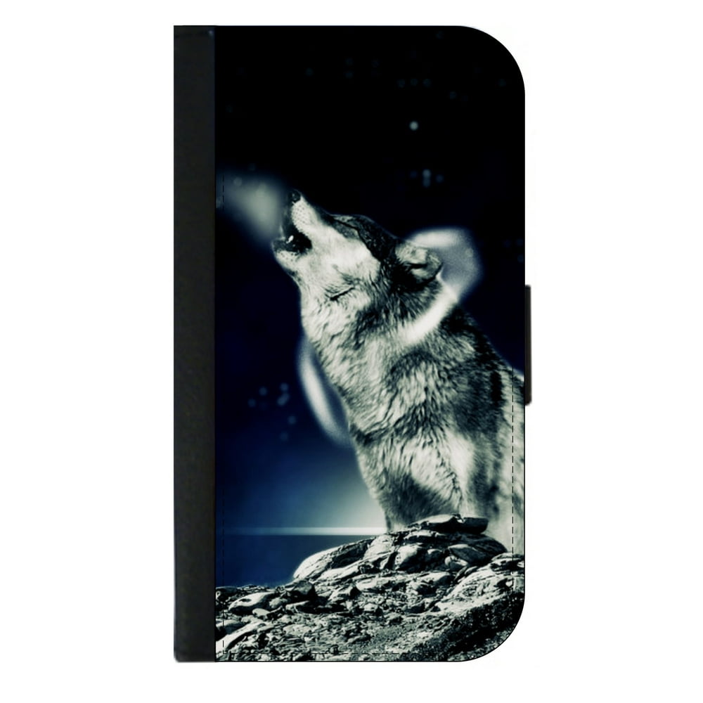 Howling Wolf Wallet Style Cell Phone Case with 2 Card Slots and a Flip
