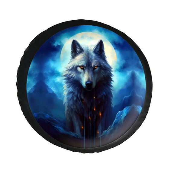 KAKALAD Wolf Moon 01 Spare Tire Cover PVC Leather Wheel Protectors Weatherproof Universal Dust-Proof for Trailer Rv SUV Truck Camper Travel Trailer Accessories 14 ” Inch