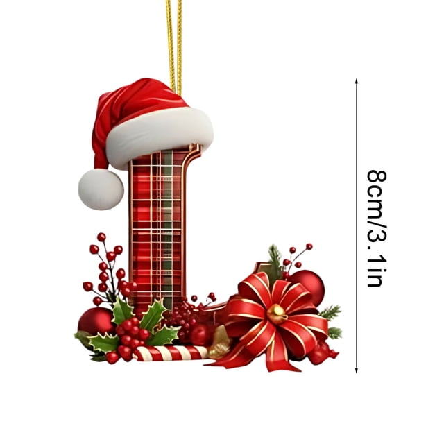 Christmas Tree Ornaments 2D Acrylic Monogram Pendants With Santa Hat 26 Letters Hanging Decorations For DIY Crafts And Home Decor