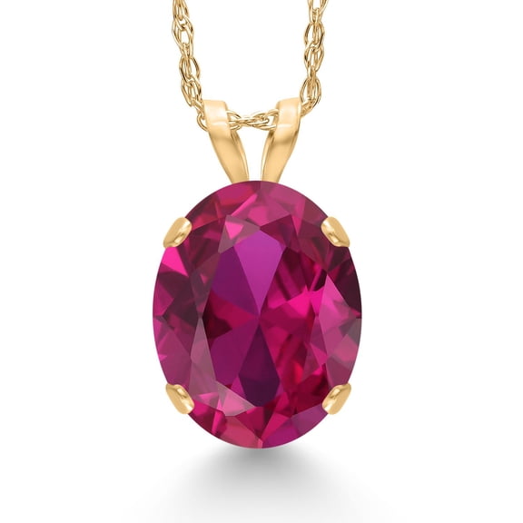 Gem Stone King 14K Yellow Gold Red Created Ruby Pendant Necklace for Women | 2.50 Cttw | Gemstone July Birthstone | Oval 10X8MM | With 18 inch Chain