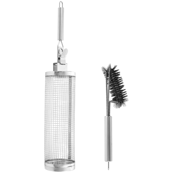 Stainless Steel Rolling Grill Basket, 20.3 in / 51.5 cm BBQ Grill Basket for Vegetables, Meat, Seafood, Portable Grilling Basket with Detachable Handle & Cleaning Brush