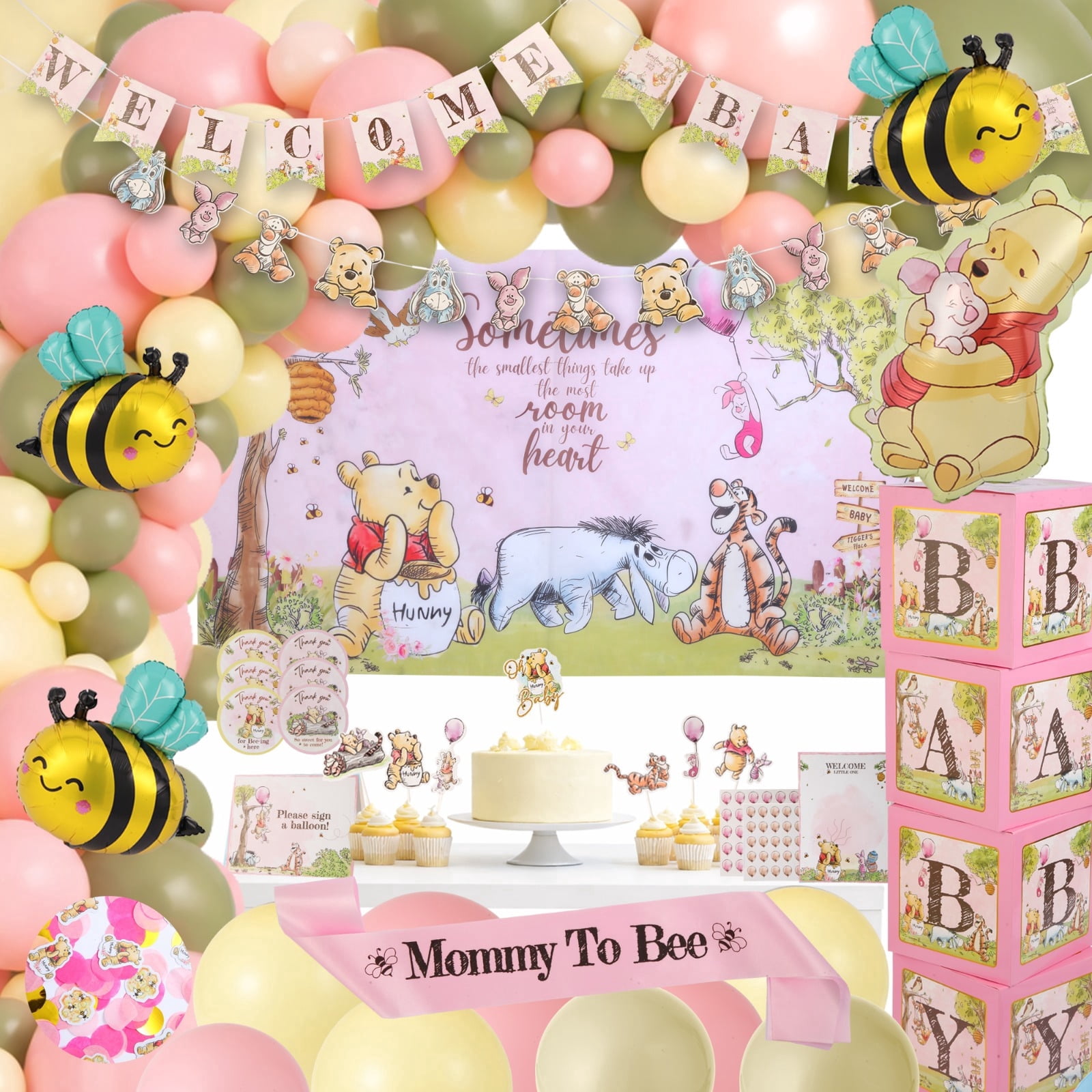 271 Pc Classic Winnie the Pooh Baby Shower Decorations for Girl, Pink Vintage Pooh Bear Balloon Arch Decoration Kit with Backdrop, Banner, Baby Boxes, Sash and Table Decorations