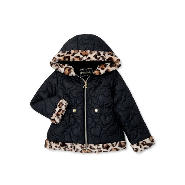 Pistachio Pistachio Girls Quilted Puffer Jacket with Leopard Faux Fur