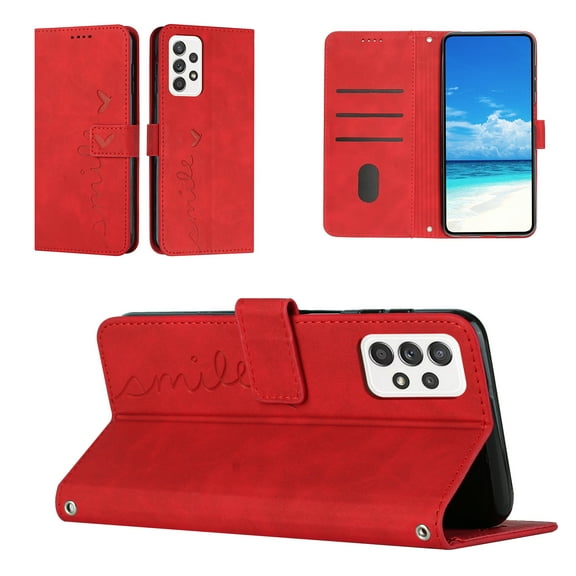For Samsung Galaxy A72 Wallet Cover, PU Leather Kickstand Credit Card Pocket Slots Wrist Strap Magnetic Folio Heart Patterned Embossed Flip Cover for Samsung Galaxy A72 5G/4G, Red