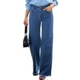 thumbnail image 3 of DOKOTOO Women Wide Leg Jeans High Waisted Stretch Denim Flare Pants Vintage Blue High Rise Loose Fit Raw Hem Five Pocket Jeans US Size, 3 of 10