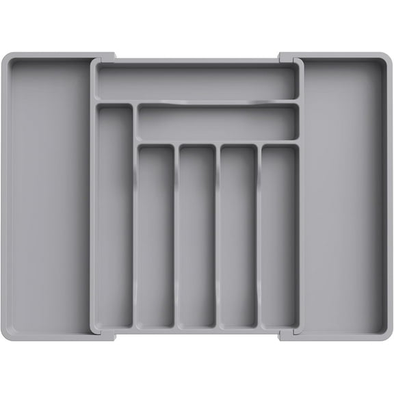 Expandable Utensil Organizer ,Silverware Drawer Organizer for Kitchen Drawers, Adjustable Cutlery and Flatware Tray, Plastic Spoons Forks Knives Holder Storage Dividers, Large, Gray