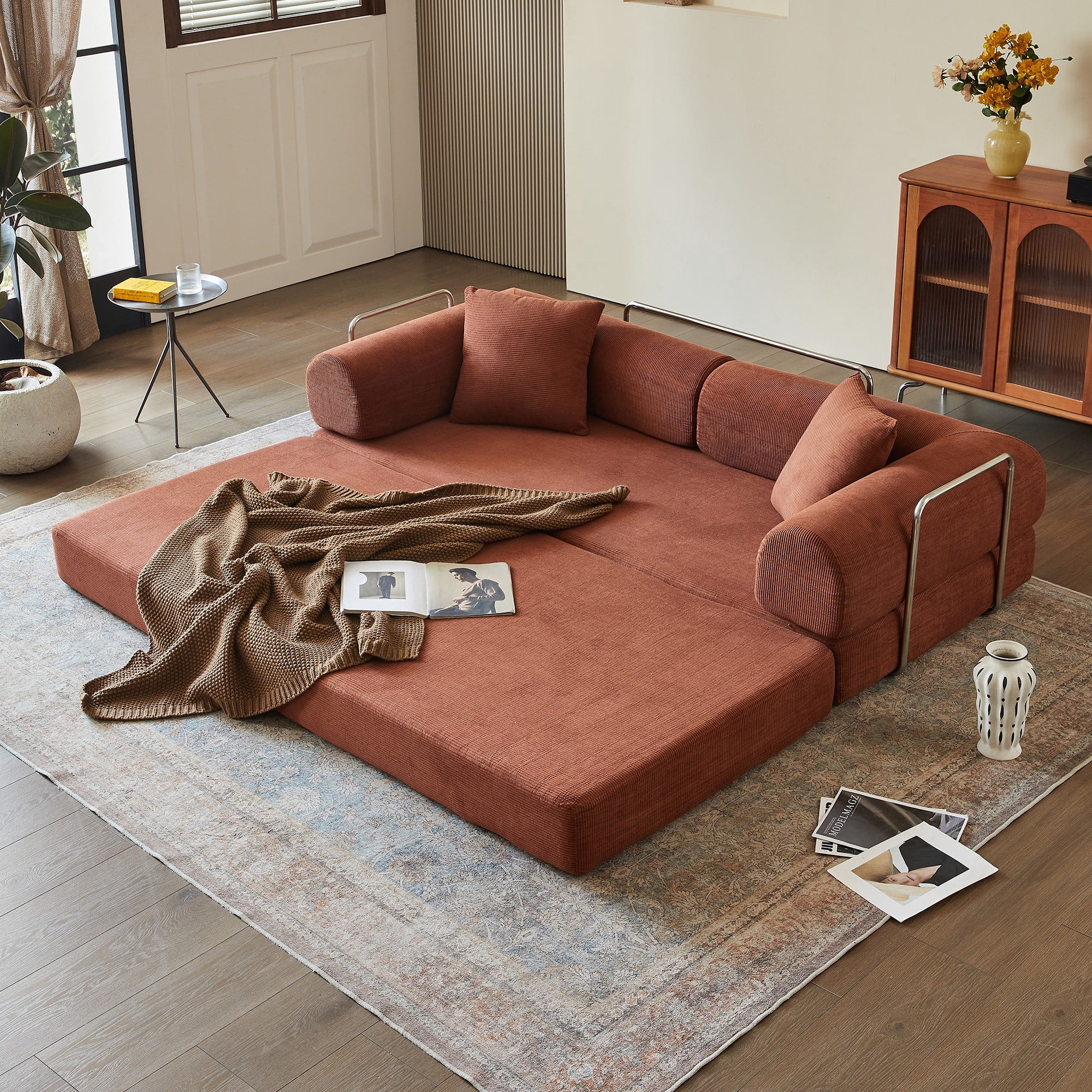 78.8" Compression Sofa Bed, Convertible Floor Futon Couch with Pillow & Armrests, Modular Corduroy Sofa, Brown