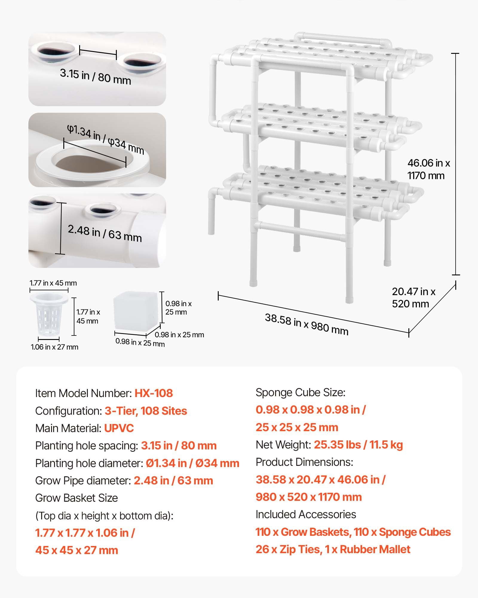 3-Tier 108 Site UPVC Pipe Hydroponic Grow Kit with Timed Irrigation, Indoor System for Vegetable Fruit Herb