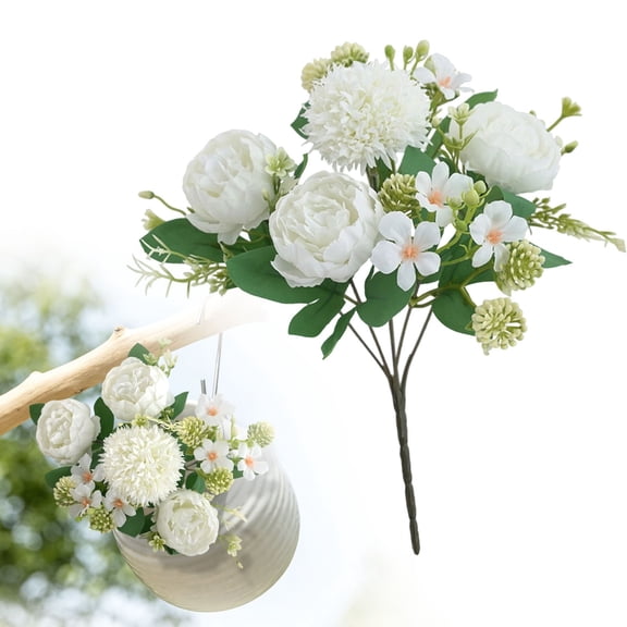 Under $3 Artificial Peony Chrysanthemum Bouquet Silk Peony Ball Mum Bouquet For Living Room Vase Filler,Plastic White (1Pc)