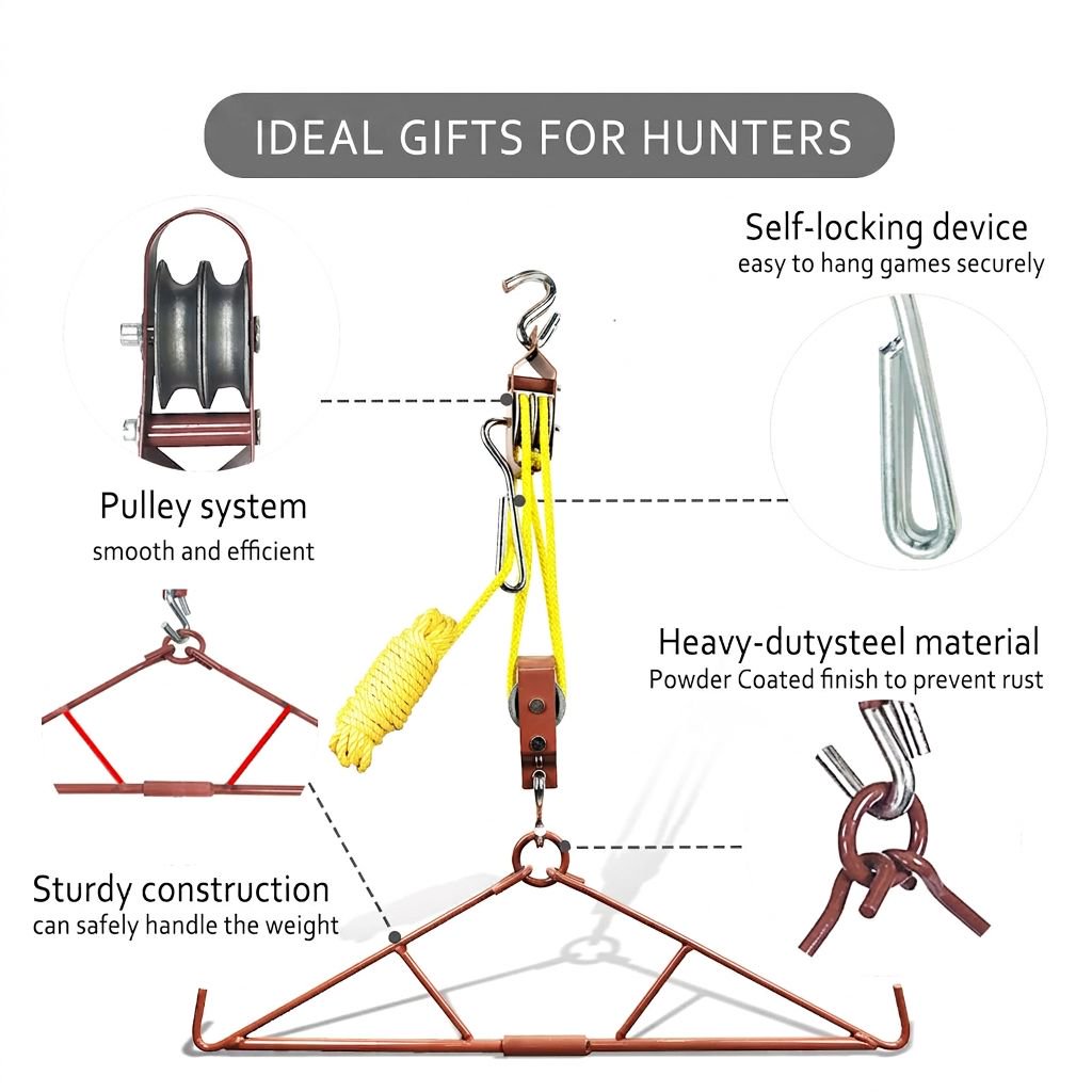 1 Set Game Hoist Gambrel with Pulley System 700LB Capacity 4:1 Lift 40FT Rope Aluminum Pulleys Foldable Deer Hanger for Hunting and Skinning