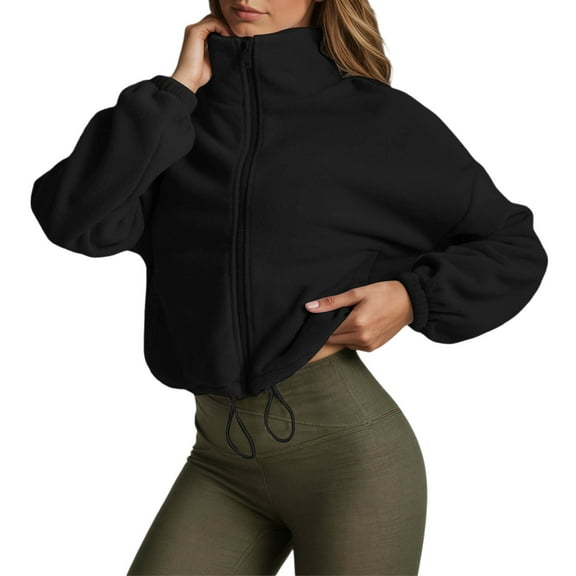 Bibifish Womens Jackets Stand Collar Drawstring Waist Fuzzy Full Zip Up Jackets Rib Cropped Fit Warm Soft Casual Streetwear Daily Wear Trendy Jackets