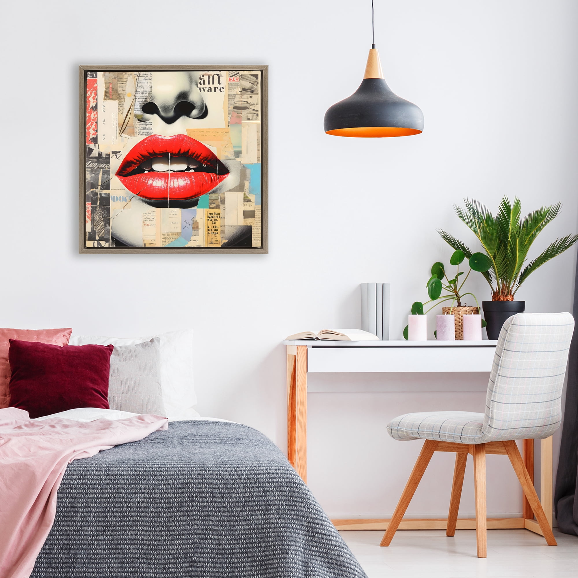 Stupell Industries Fashion Collage with Scarlet Lips Brown Framed Floater Canvas Wall Art, design by Creative Studio