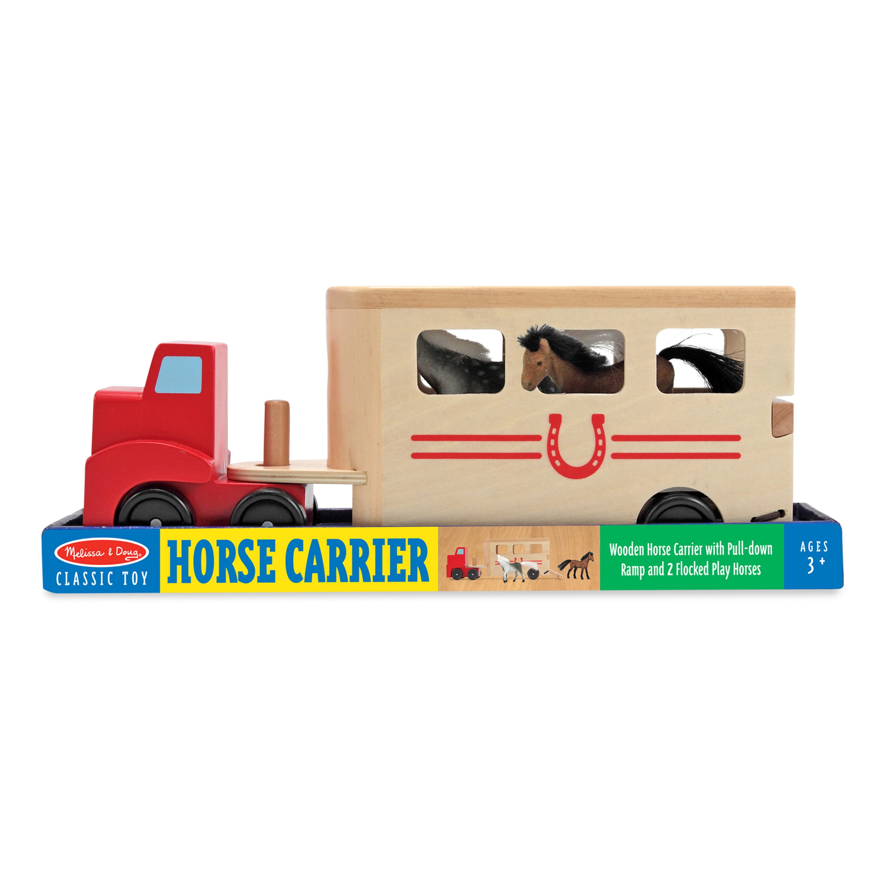 Melissa Doug Horse Carrier Wooden Vehicle Play Set With 2 Flocked Horses and Pull Down Ramp